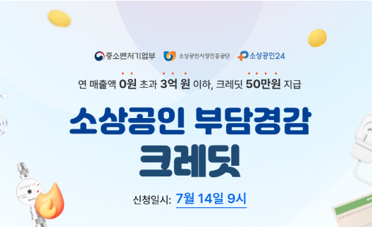 중소벤처기업부와 소상공인시장진흥공단이 제공하는 부담경감크레딧 안내 이미지. 연 매출 0원 초과 3억원 이하 소상공인을 대상으로 최대 50만원의 부담경감크레딧을 지급한다는 내용을 담고 있다. 신청일은 7월 14일 9시부터 시작된다.